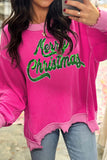 Strawberry Pink Twisted Ribbed Texture Merry Christmas Sequin Letter Graphic Top Aaria Tees