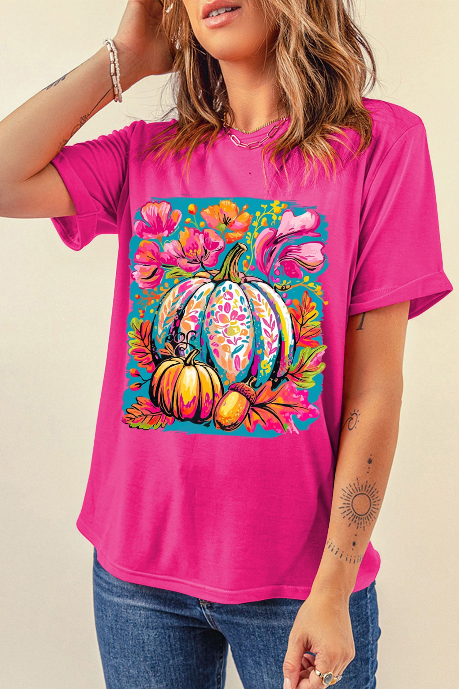 Rose Red Floral Pumpkin Graphic Print Crewneck Relaxed T-Shirt - Aaria Tees Aaria Tees