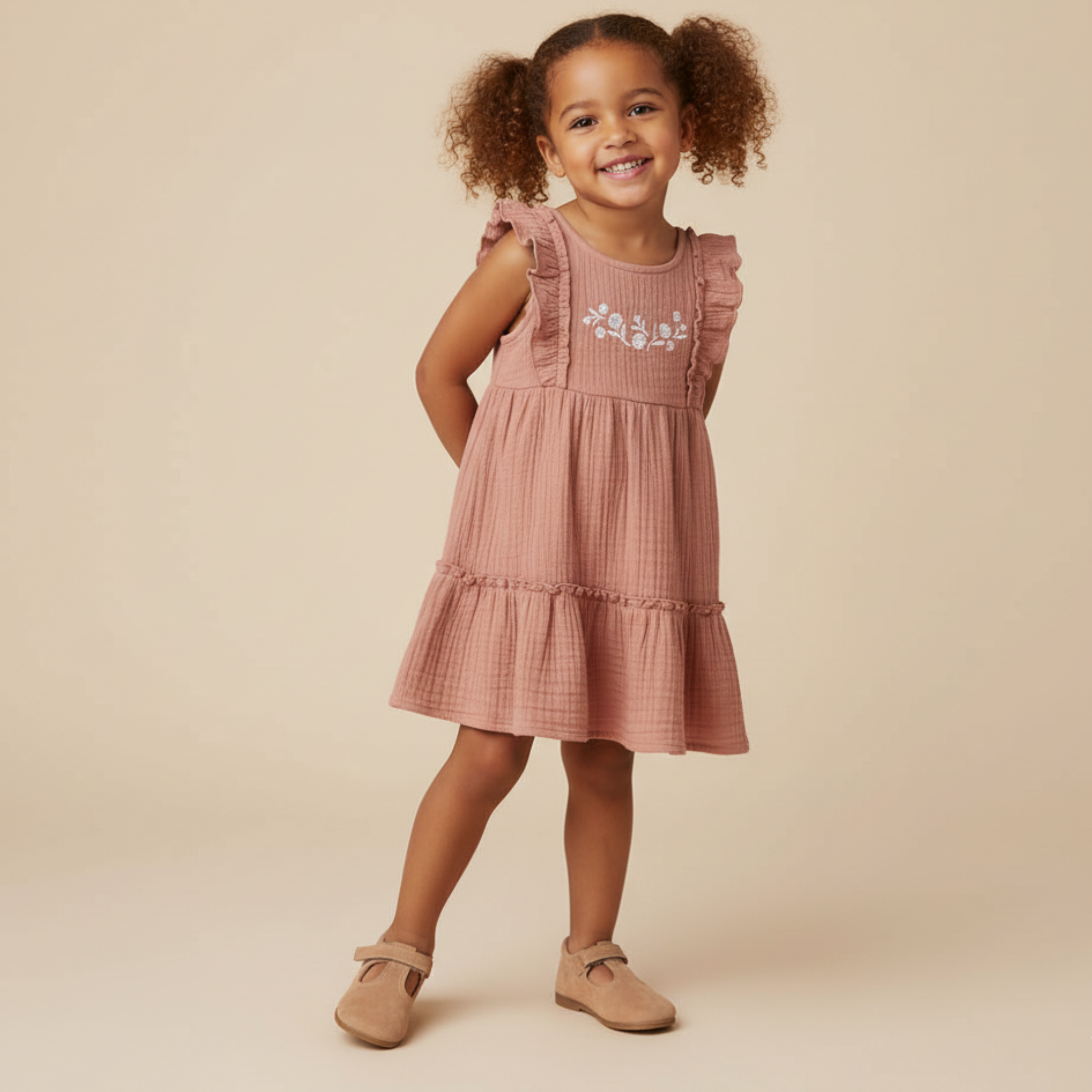 Organic Embroidered Tiered Dress - Clay - Aaria Tees Aaria Tees