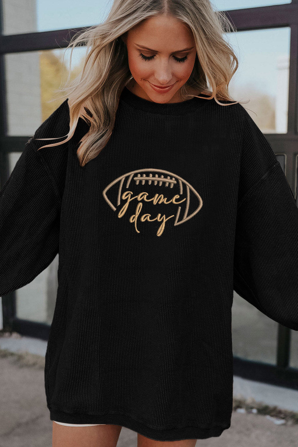 Dark Blue Rugby Game Day Embroidered Corduroy Sweatshirt - Aaria Tees Aaria Tees