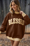 Coffee Polka Dot Trim High Neck BLESSED Letter Graphic Baggy Sweatshirt Aaria Tees