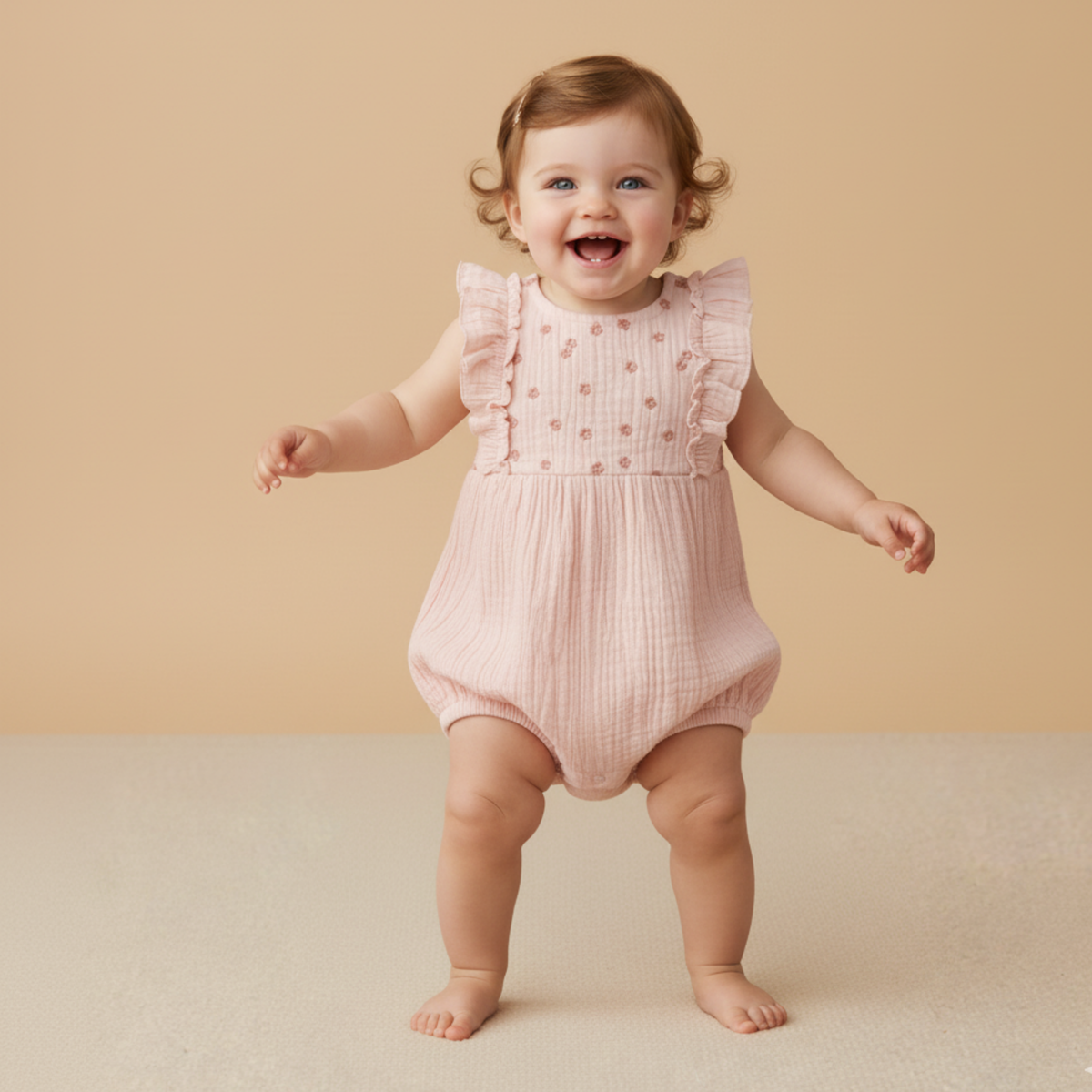 Organic Embroidered Ruffle Romper - Blush - Aaria Tees