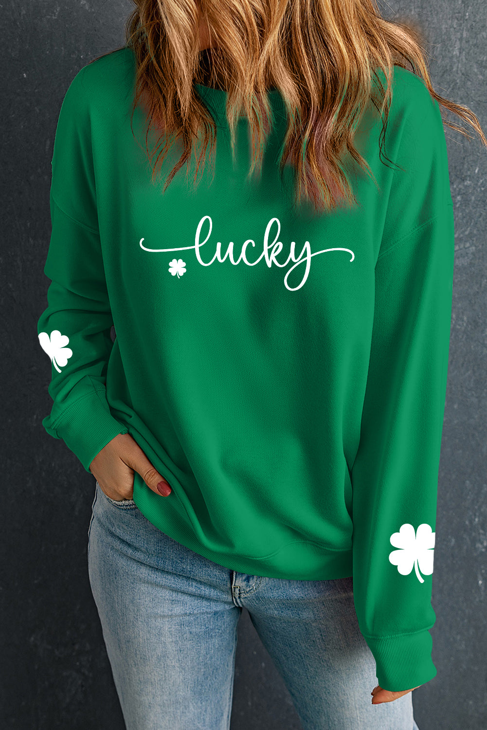 Dark Green Lucky Four Leaf Clover Graphic St Patricks Pullover Sweatshirt - Aaria Tees Aaria Tees