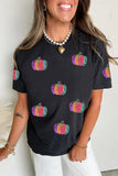 Black Sequined Pumpkin Graphic Round Neck Casual T Shirt - Aaria Tees Aaria Tees