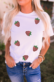 White Sequin Strawberry Patched Crew Neck T Shirt Aaria Tees