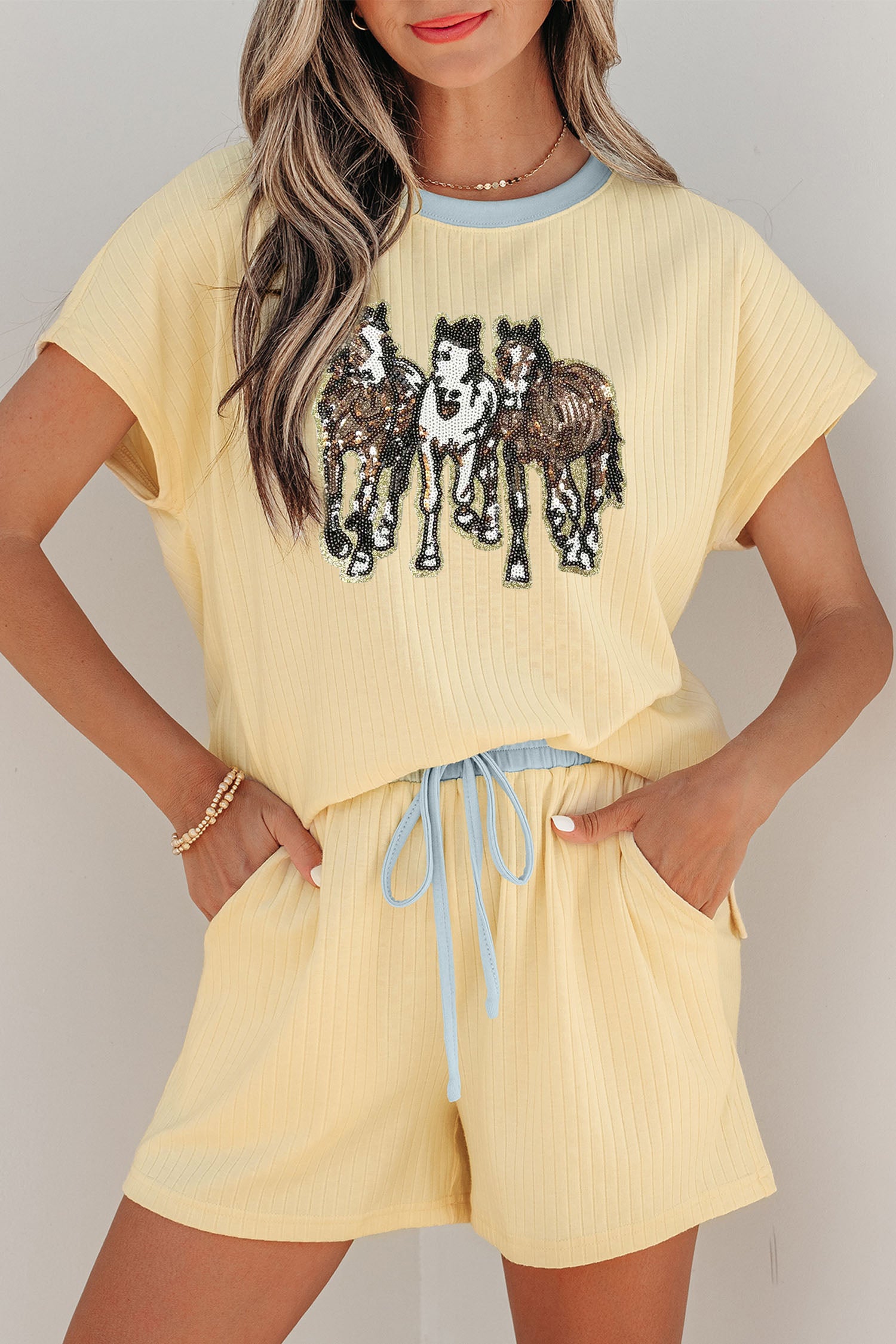 Yellow Cream Ribbed Knit Two Piece Set Sequin Horse Patched Casual Short Set - Aaria Tees Aaria Tees