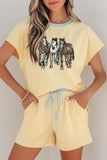 Yellow Cream Ribbed Knit Two Piece Set Sequin Horse Patched Casual Short Set - Aaria Tees Aaria Tees