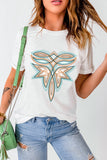 White Western Stitch Pattern Printed Cotton Blend Tee Aaria Tees