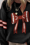 Black Varsity Baseball Bow Graphic Striped Sleeve Baggy Sweatshirt Aaria Tees