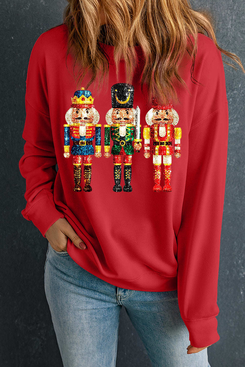 Red Christmas Metallic Nutcracker Graphic Crew Neck Sweatshirt - Aaria Tees Aaria Tees