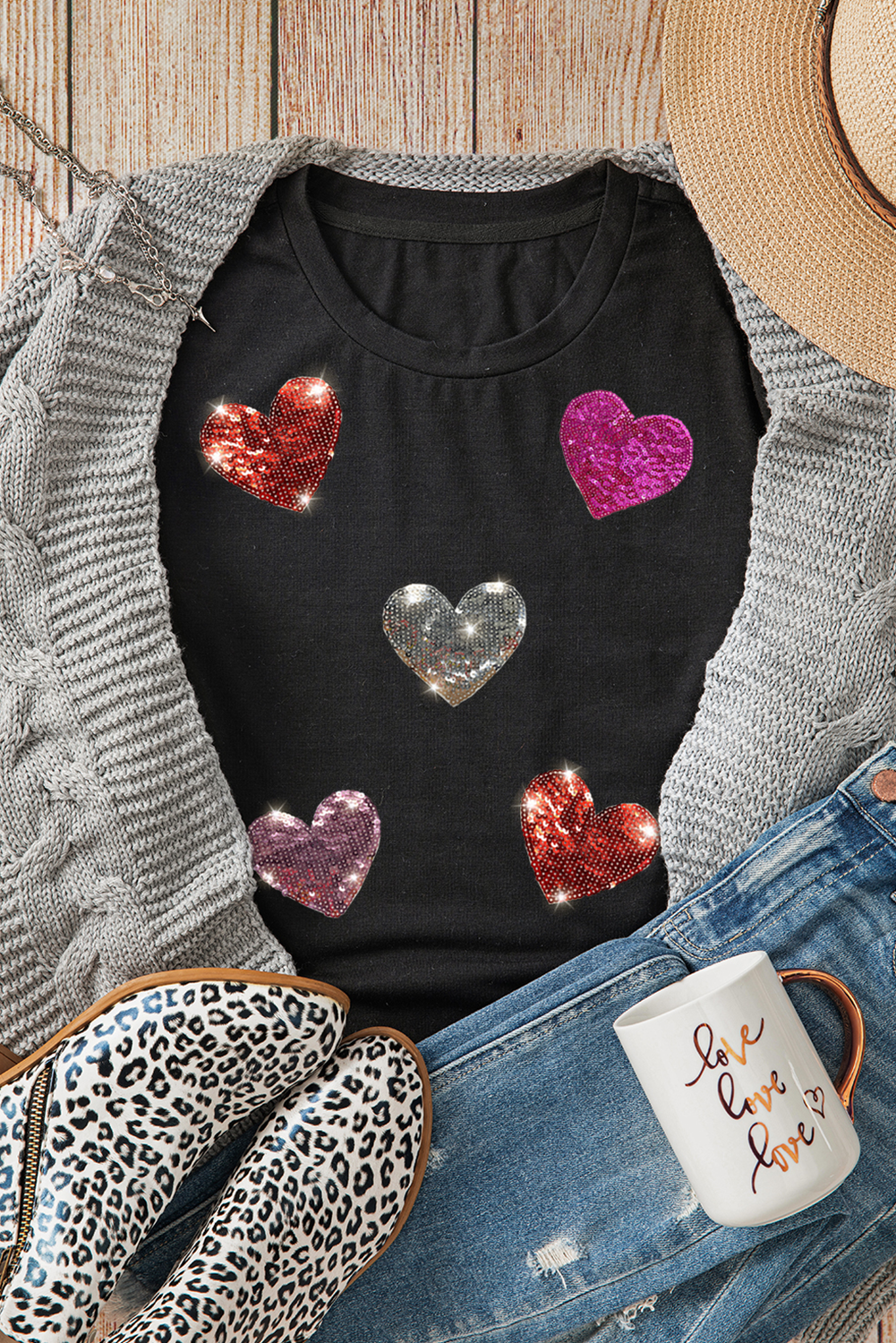 Black Sequin Heart Patched Pattern Crewneck Valentines Tee - Aaria Tees Aaria Tees