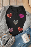 Black Sequin Heart Patched Pattern Crewneck Valentines Tee - Aaria Tees Aaria Tees