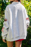 Light Grey Sequin Rugby Bow Graphic Mock Neck Relaxed Pullover Sweatshirt Aaria Tees