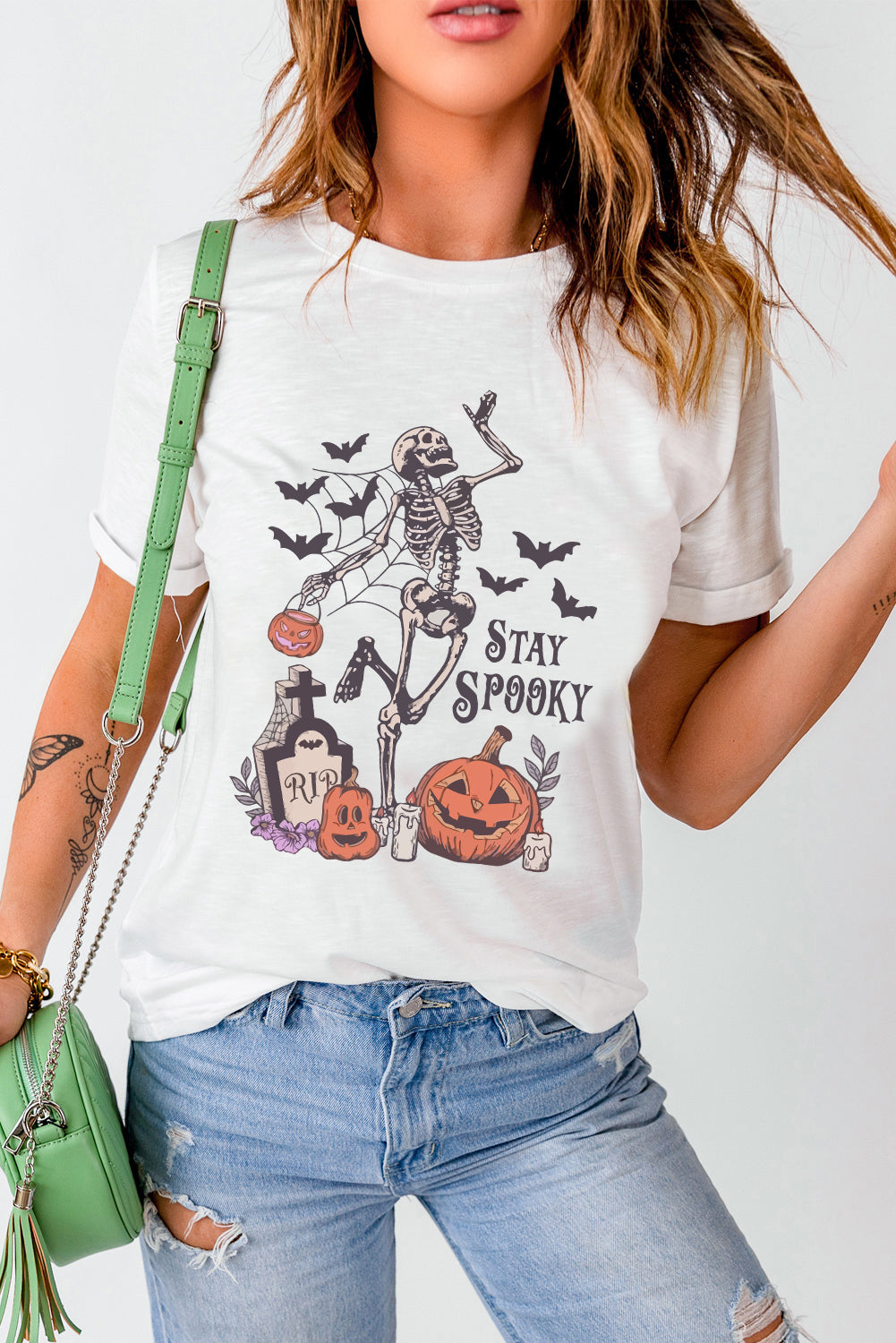 White Skull Pumpkin Face STAY SPOOKY Graphic Halloween T Shirt - Aaria Tees Aaria Tees