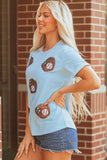 Light Blue Gopher Ball Sequin Patched Casual T Shirt Aaria Tees