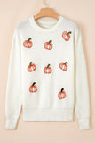 Beige Pumpkin Embroidered Ribbed Thanksgiving Halloween Holiday Sweater Aaria Tees