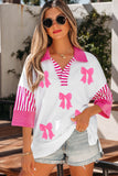 White Sequin Bow Pattern Striped Color Block Collar Half Sleeve Shift Top Aaria Tees