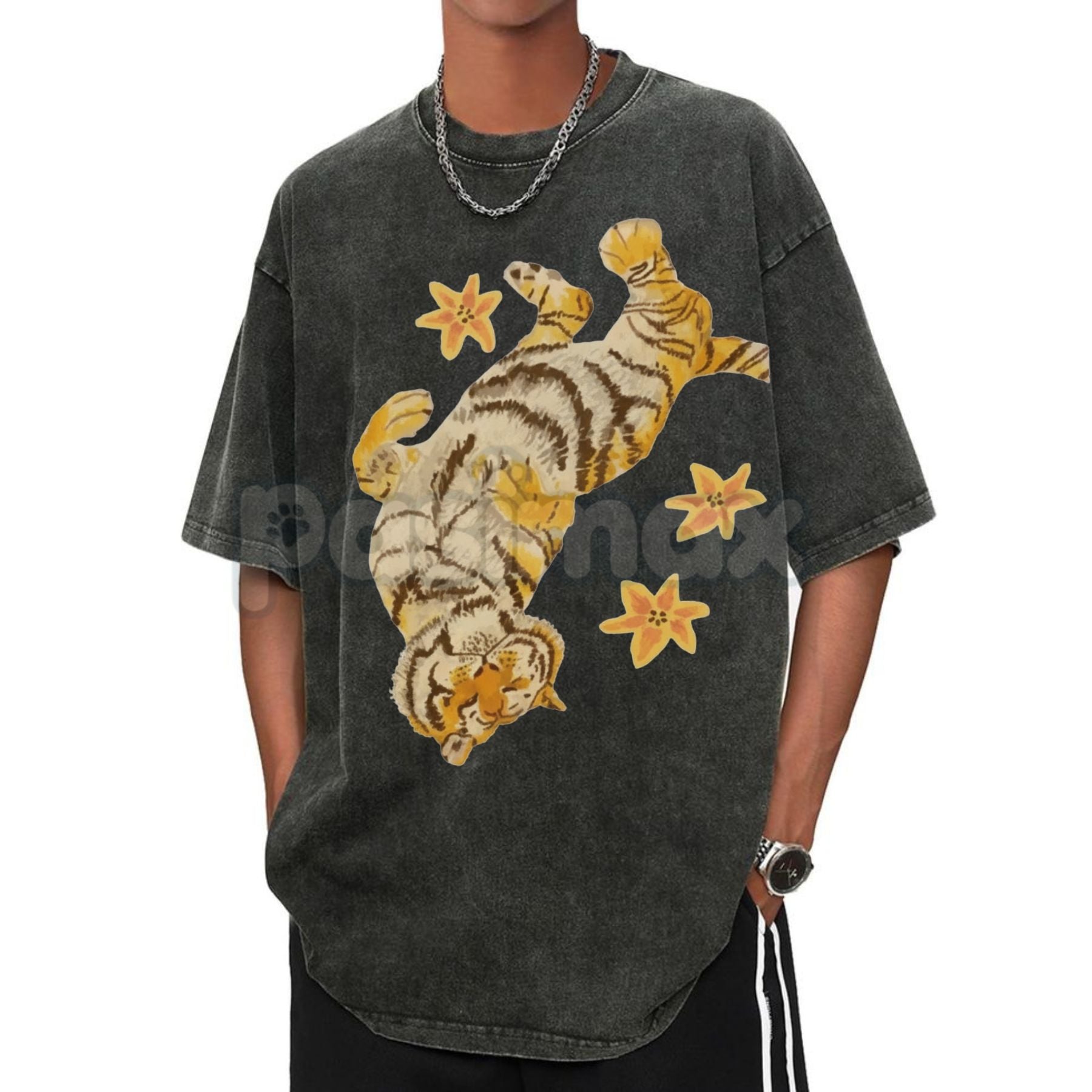 Lazy Tiger Unisex Vintage Washed Tee – Oversized Animal Graphic Shirt, Chill Streetwear - Aaria Tees Aaria Tees