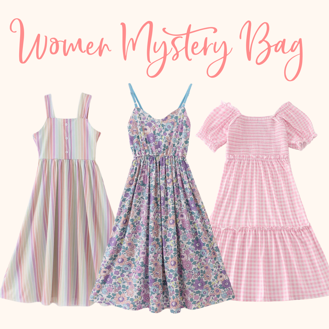 Three dresses with different patterns on a white background, labeled 'Women Mystery Bag'. Aaria Tees