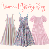 Three dresses with different patterns on a white background, labeled 'Women Mystery Bag'. Aaria Tees