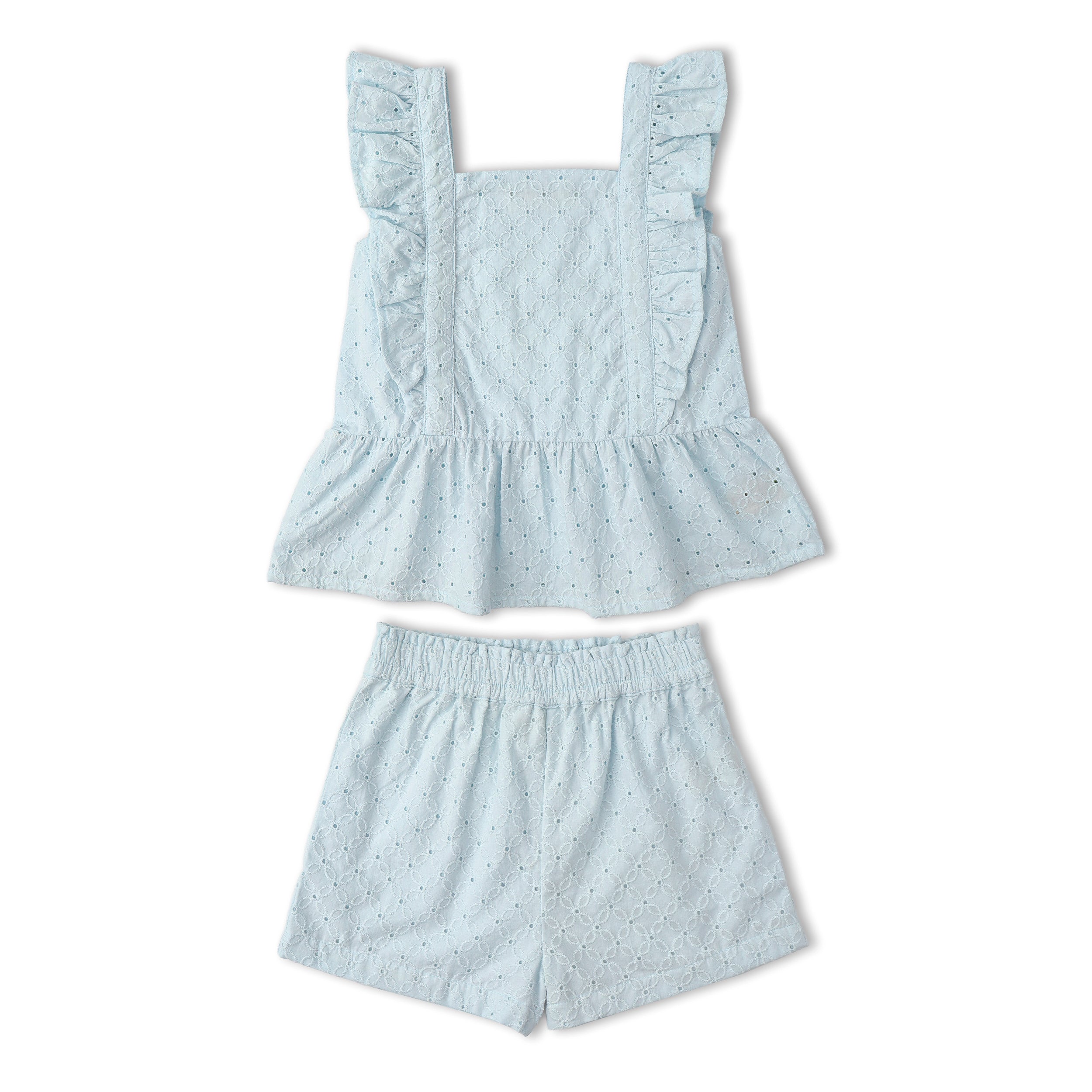 Organic Eyelet Flutter Top And Shorts Set - Light Blue Eyelet - Aaria Tees Aaria Tees