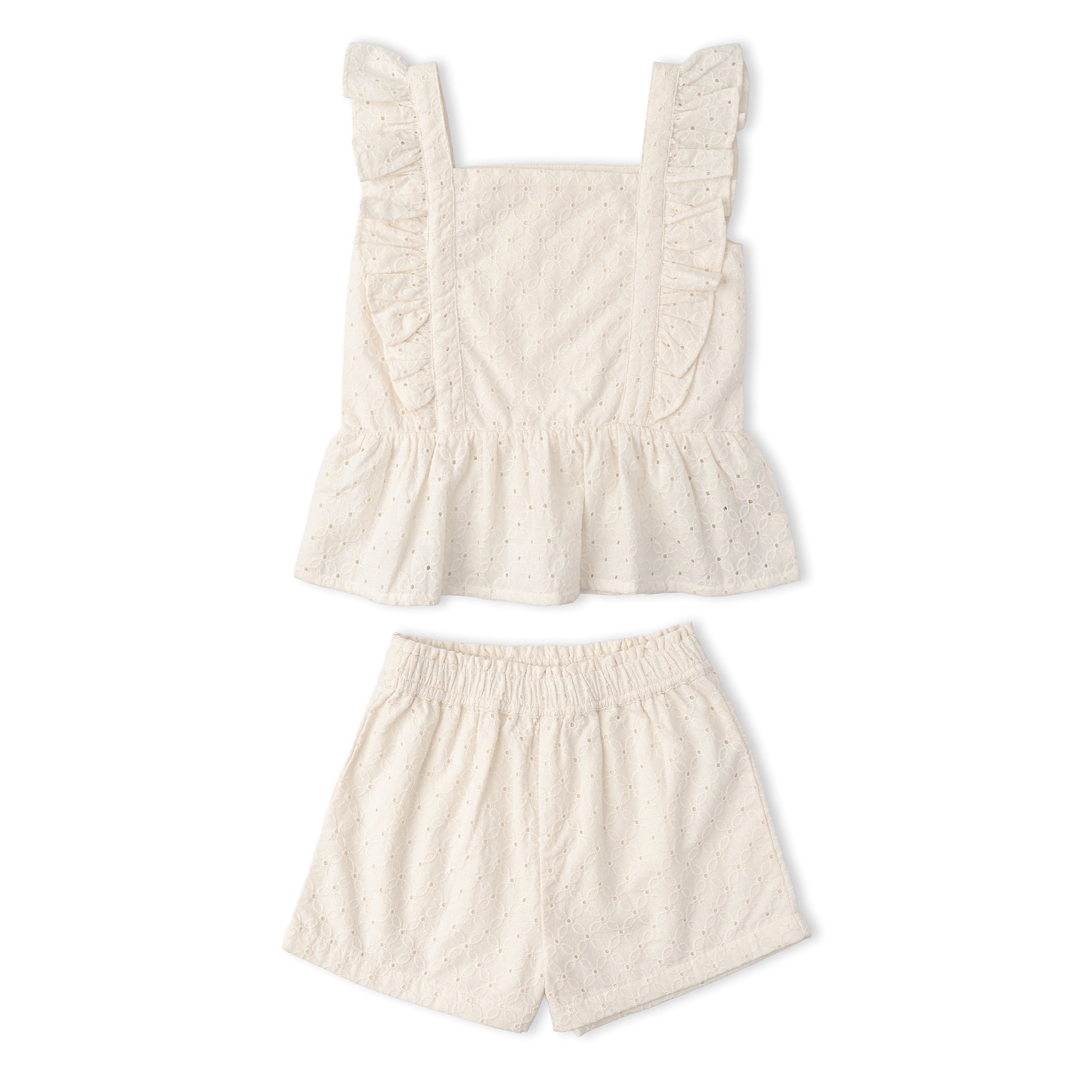 Organic Eyelet Flutter Top And Shorts Set - Ivory Eyelet - Aaria Tees Aaria Tees