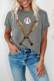 Medium Grey Sequin Baseball Pattern Corded Crewneck T Shirt Aaria Tees