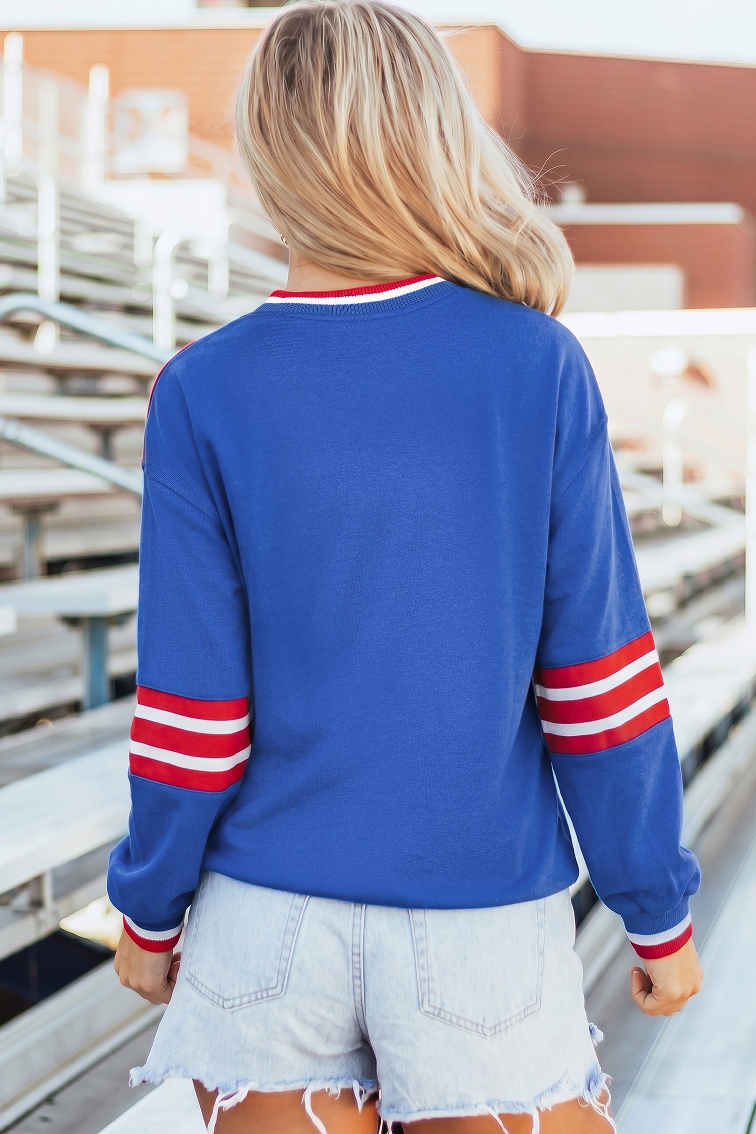 Sky Blue Abstract Racing Graphic Embroidered Patchwork Long Sleeve Sweatshirt - Aaria Tees Aaria Tees