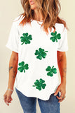 White Sequin Lucky Clover Graphic Crewneck Tee Aaria Tees