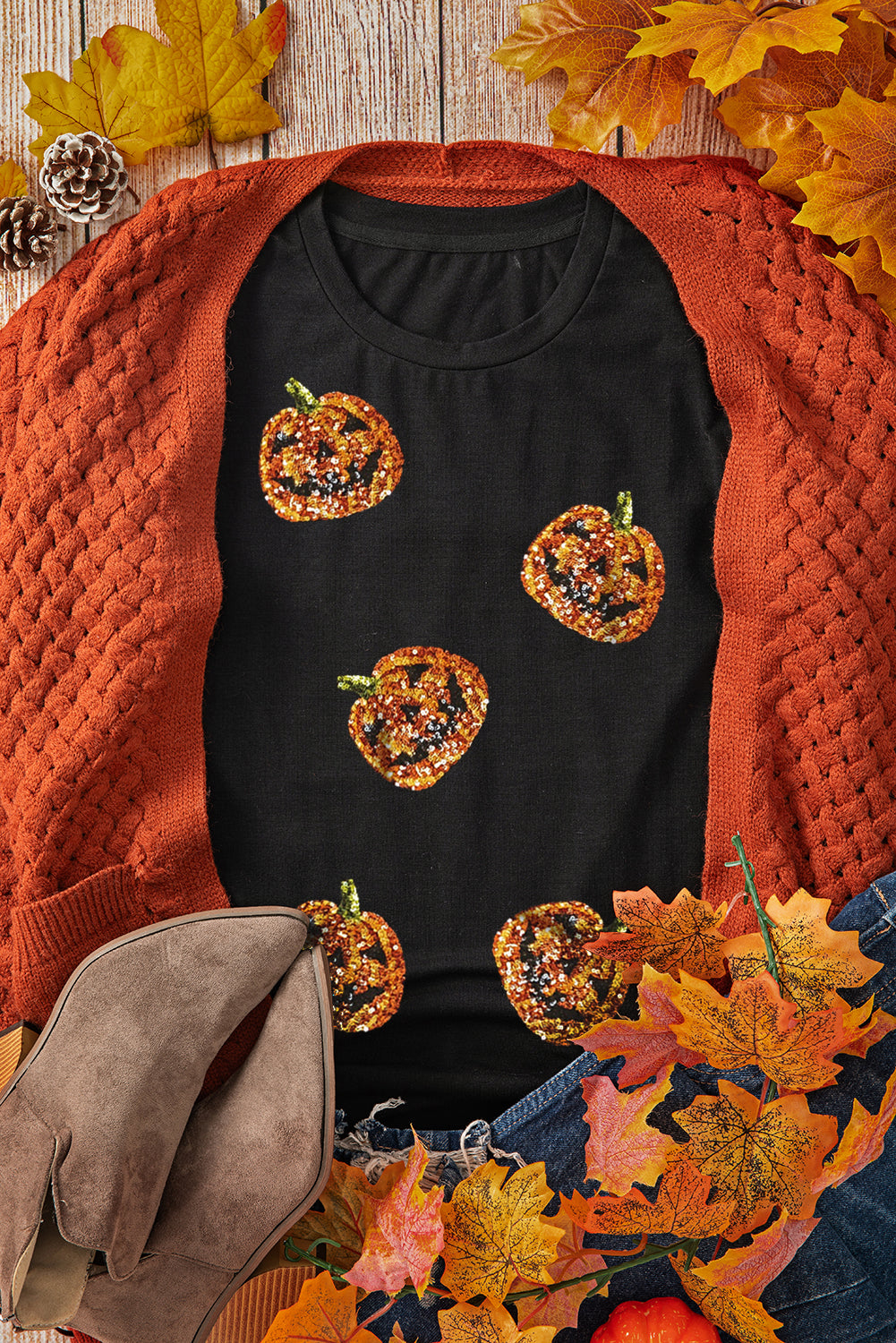 Black Sequin Pumpkin Face Halloween T Shirt - Aaria Tees