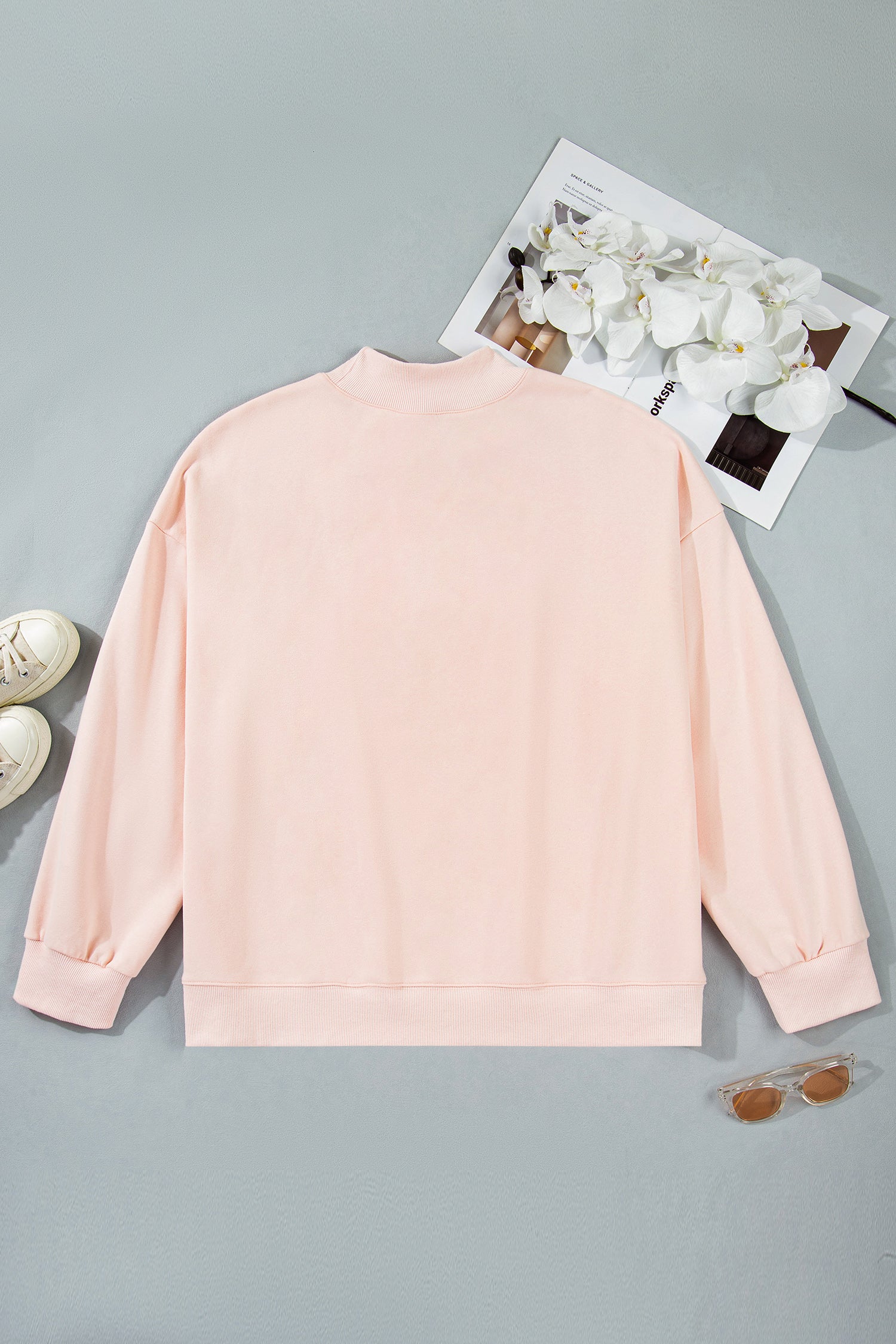 Light Pink BLESSED Embroidered Trim Patch Graphic Plus Size Mock Neck Sweatshirt - Aaria Tees Aaria Tees