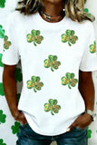 White Sequin Lucky Clover Patched Casual Round Neck Tee Aaria Tees