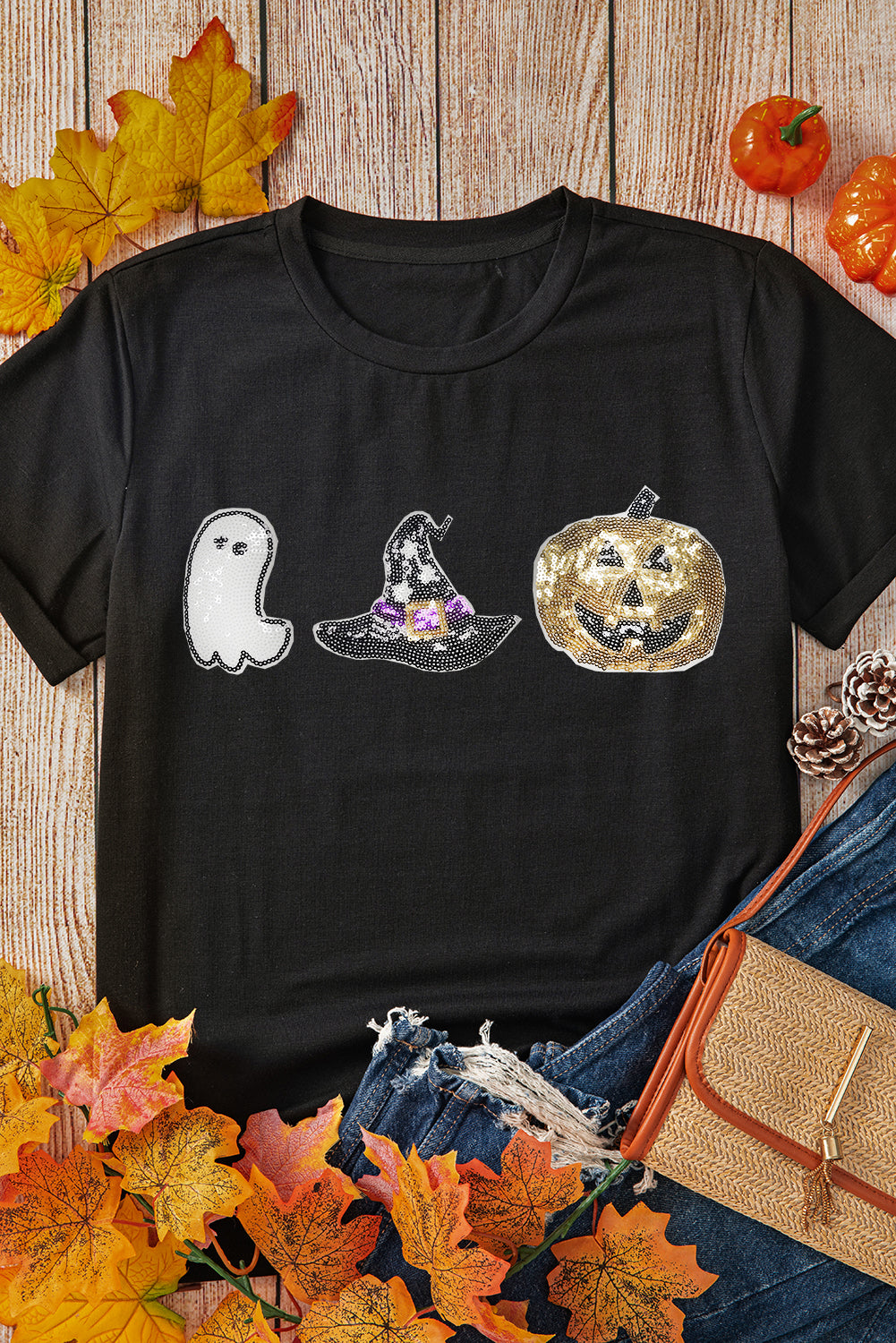 Black Halloween Sequin Pattern Patched Crewneck Tee - Aaria Tees Aaria Tees