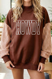 Coffee Contrast Plaid Sleeve HOWDY Embroidered Letter Graphic Mock Neck Sweatshirt Aaria Tees
