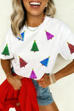 White Glitter Christmas Tree Pattern Cuffed Sleeve Christmas T Shirt Aaria Tees