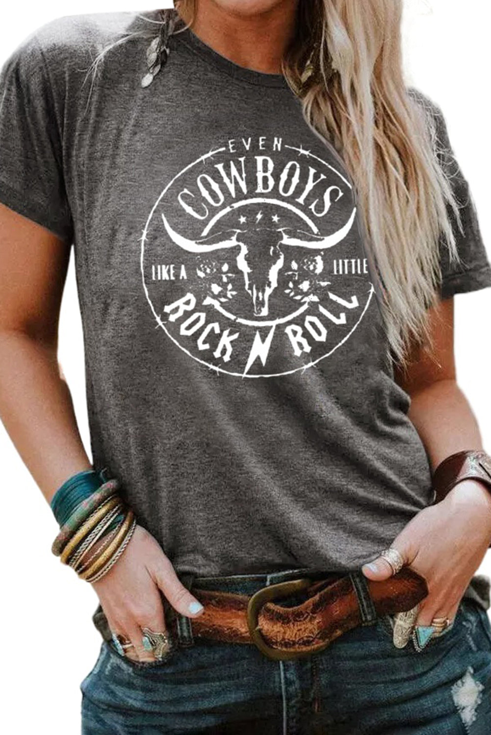 Gray Western Letter Steer Head Graphic Tee - Aaria Tees Aaria Tees