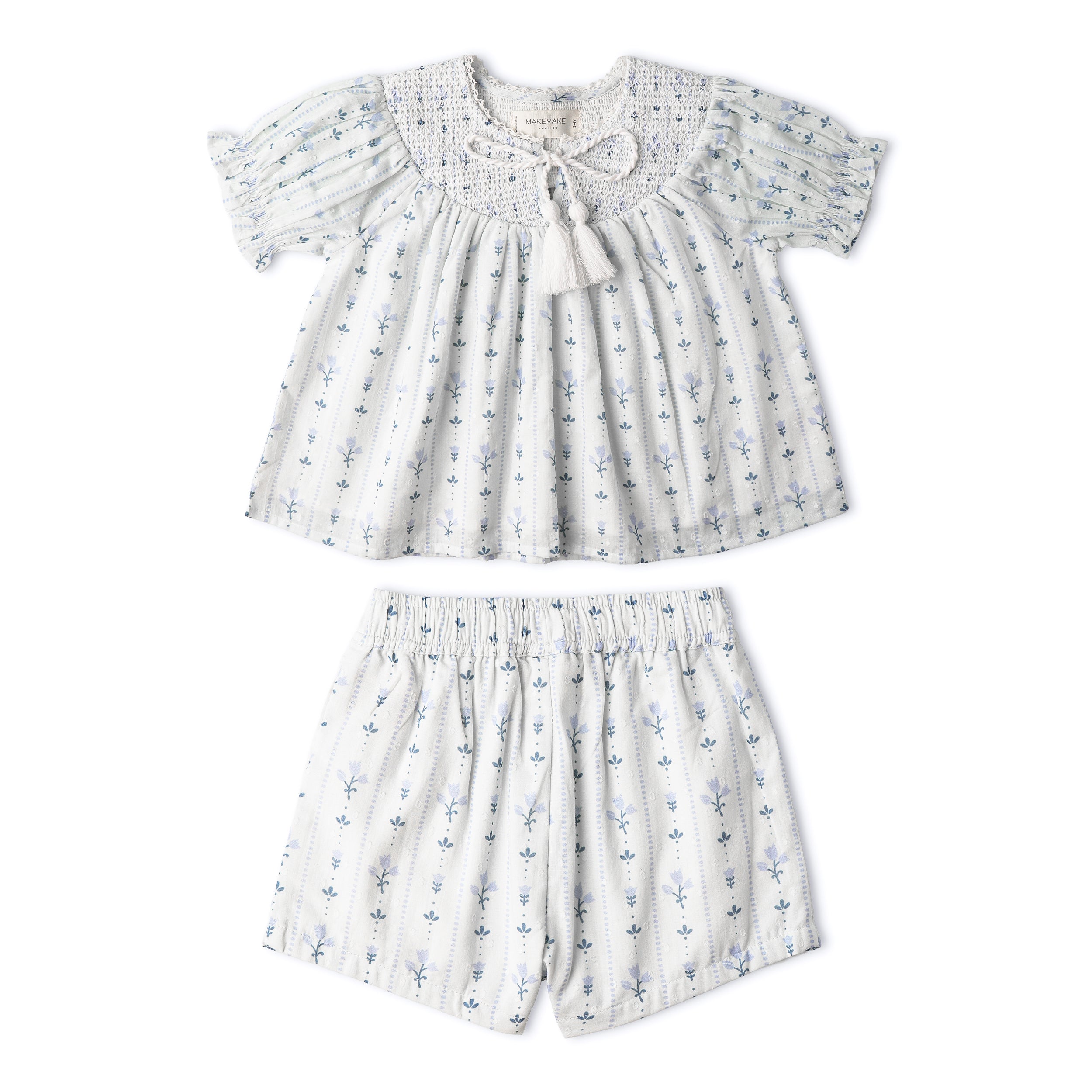 Organic Smocked Top & Shorts Set - Blue Vines - Aaria Tees Aaria Tees
