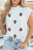 White Sequin Strawberry Graphic Mock Neck Short Sleeve Top Aaria Tees