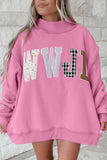 Coffee WWJD Mixed Pattern Embroidered Patch Graphic Mock Neck Sweatshirt Aaria Tees