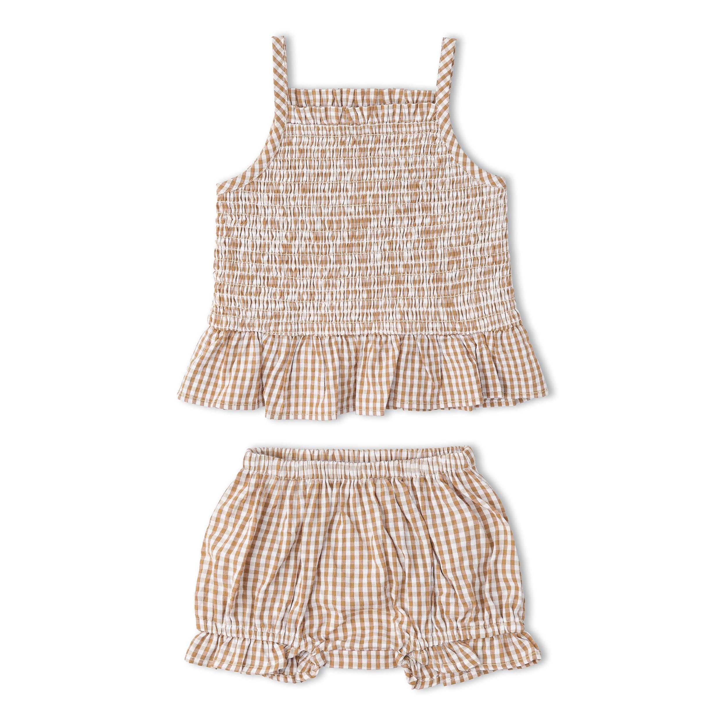 Organic Smocked Top And Bloomer Set - Caramel Check - Aaria Tees Aaria Tees