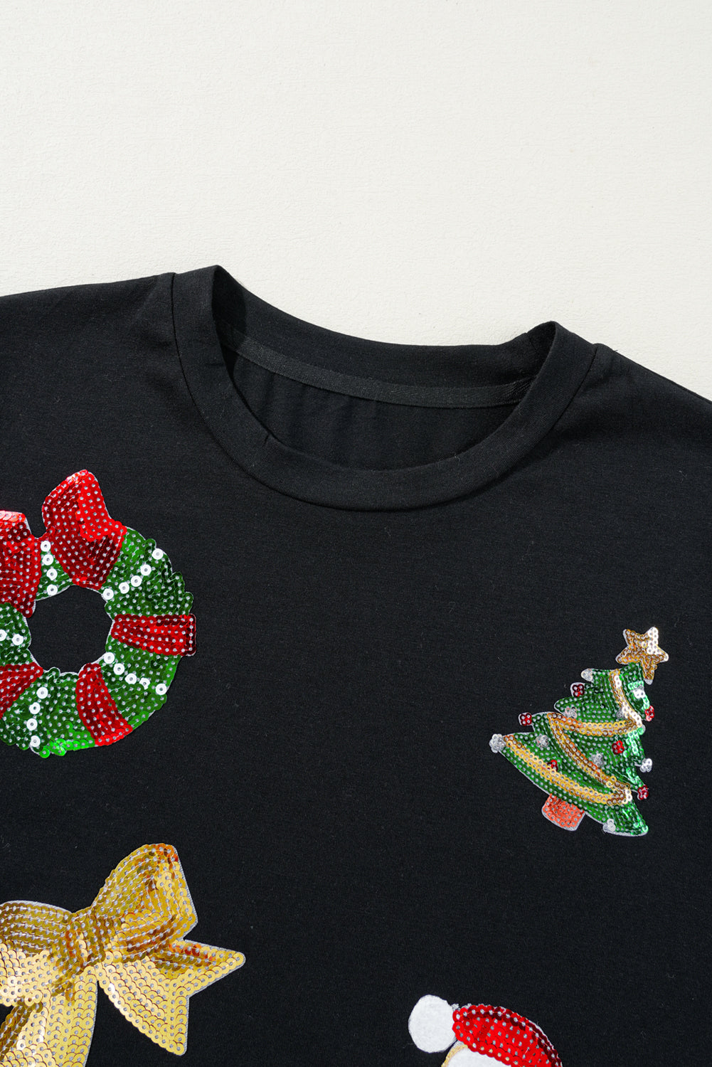 Black Sequin Christmas Essentials Graphic Crewneck T Shirt - Aaria Tees Aaria Tees