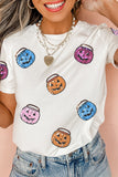 White Sequin Pumpkin Face Patched Crew Neck Holiday T Shirt Aaria Tees