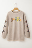 Smoke Gray Corded Ribbed Thanksgiving Turkey Sequin Patched Sleeve gobble Baggy Sweatshirt Aaria Tees