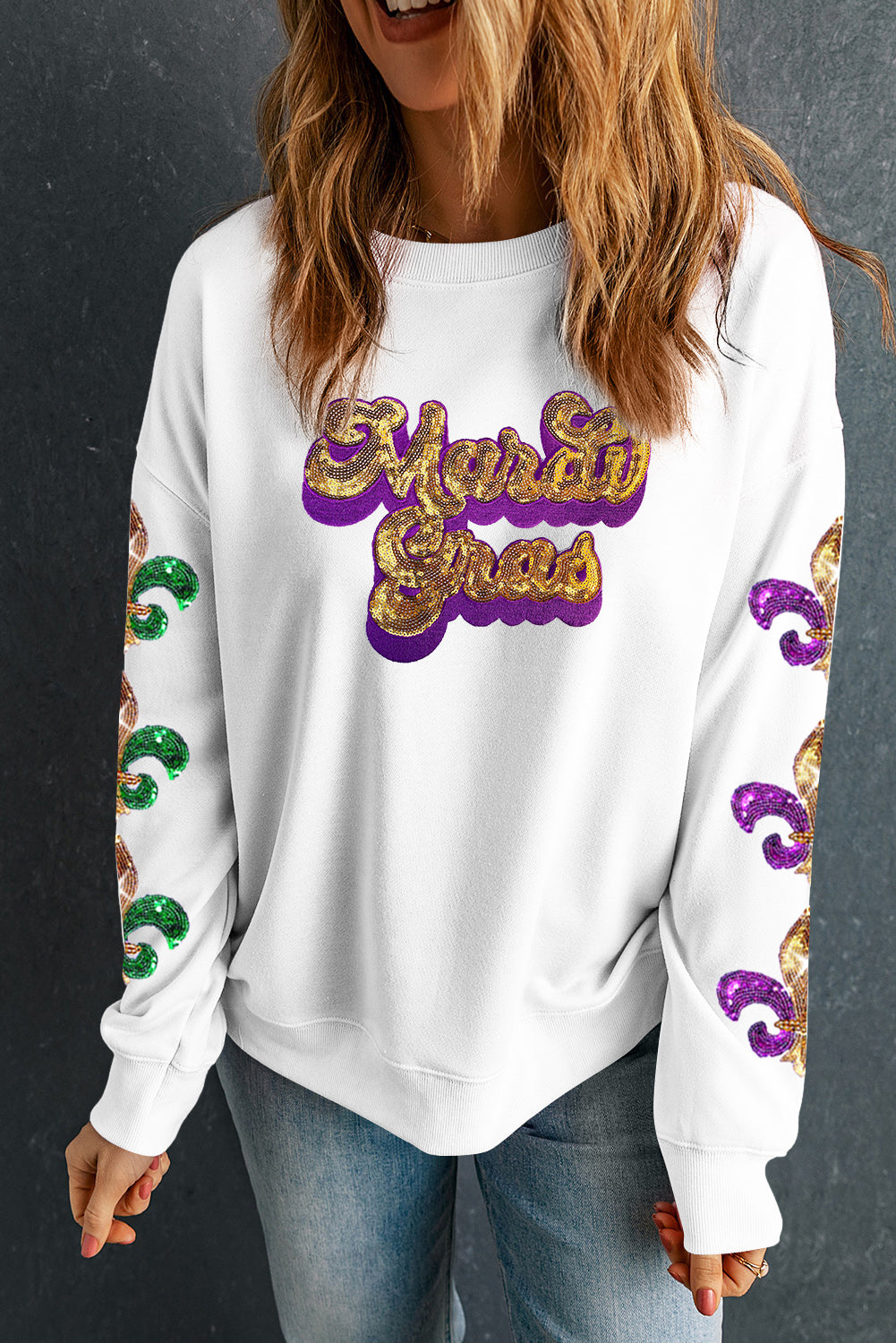 Beige Sequin Mardi Gras Patched Pattern Fleur de Lis Sleeve Sweatshirt - Aaria Tees Aaria Tees