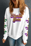 Beige Sequin Mardi Gras Patched Pattern Fleur de Lis Sleeve Sweatshirt - Aaria Tees Aaria Tees