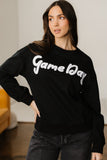 Black Chenille Game Day Graphic Drop Shoulder Sweatshirt Aaria Tees