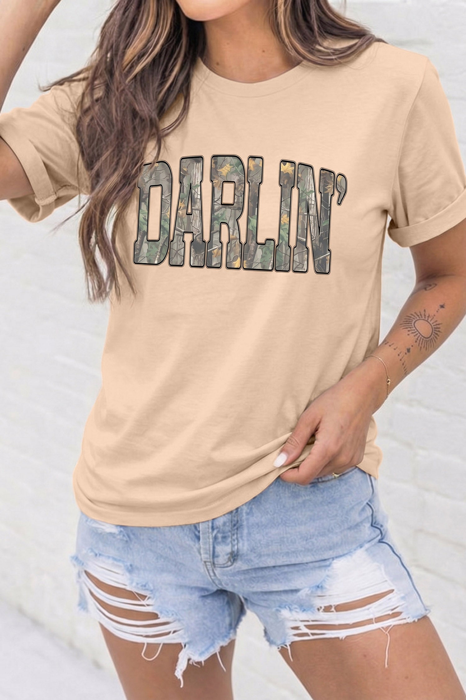 Khaki DARLIN Camo Letter Print Crewneck T Shirt - Aaria Tees Aaria Tees