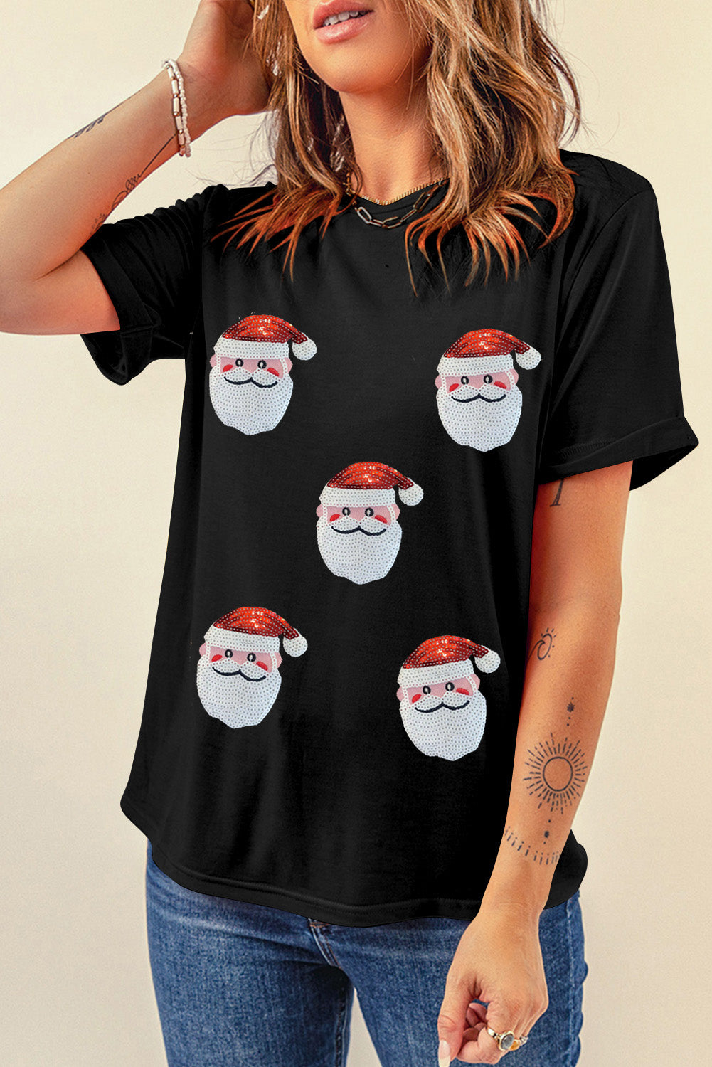 Black Faux Sequin Christmas Claus Pattern Crewneck T Shirt - Aaria Tees Aaria Tees