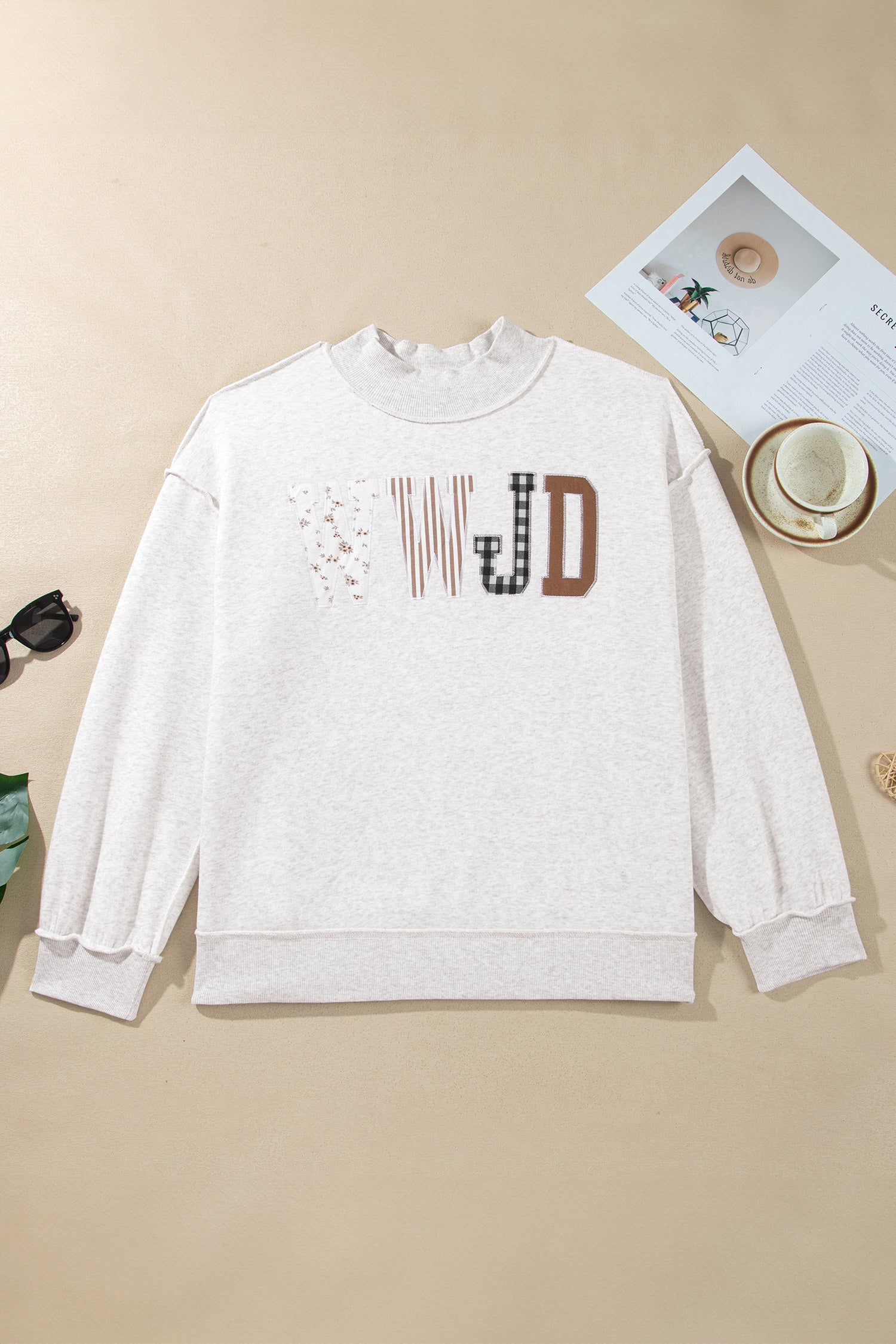 Gray WWJD Mix Pattern Letter Graphic Exposed Seam Loose Plus Size Sweatshirt - Aaria Tees Aaria Tees