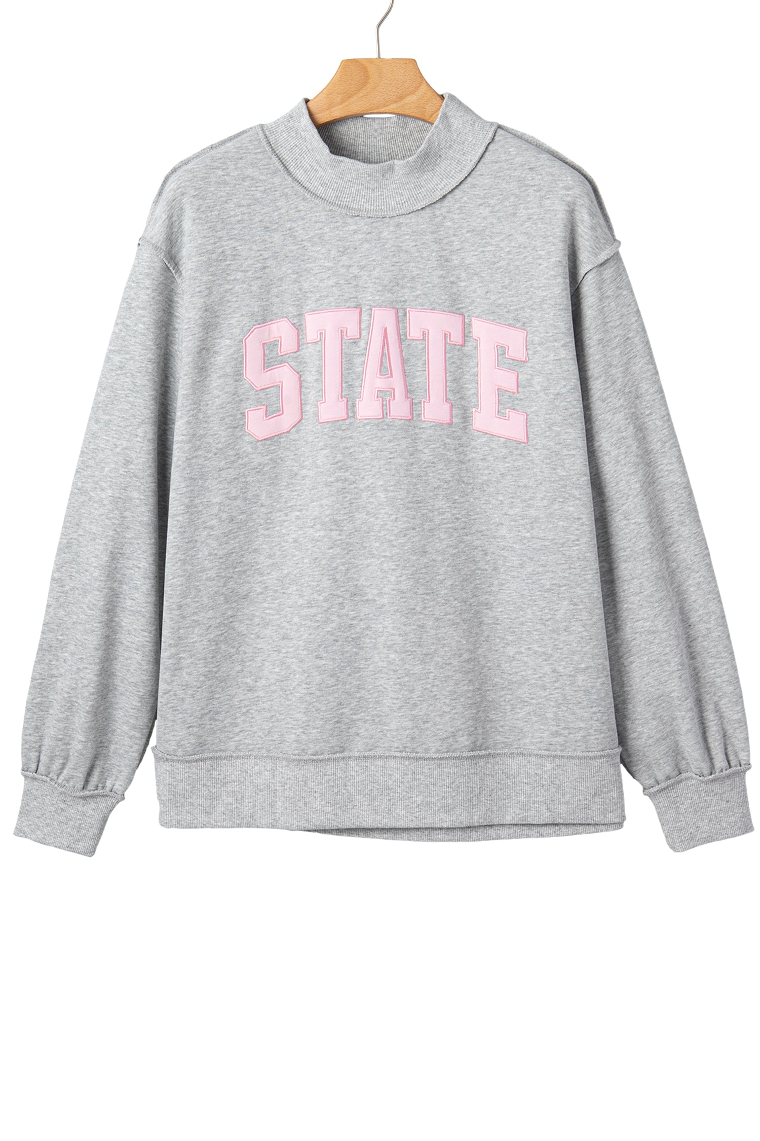 Light Grey Exposed Seam Mock Neck STATE Letter Graphic Loose Sweatshirt - Aaria Tees Aaria Tees